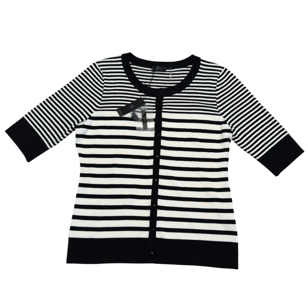 Cyrus Short Sleeve Cardigan Sweater Women XL Black White Striped Knit Preppy NWT